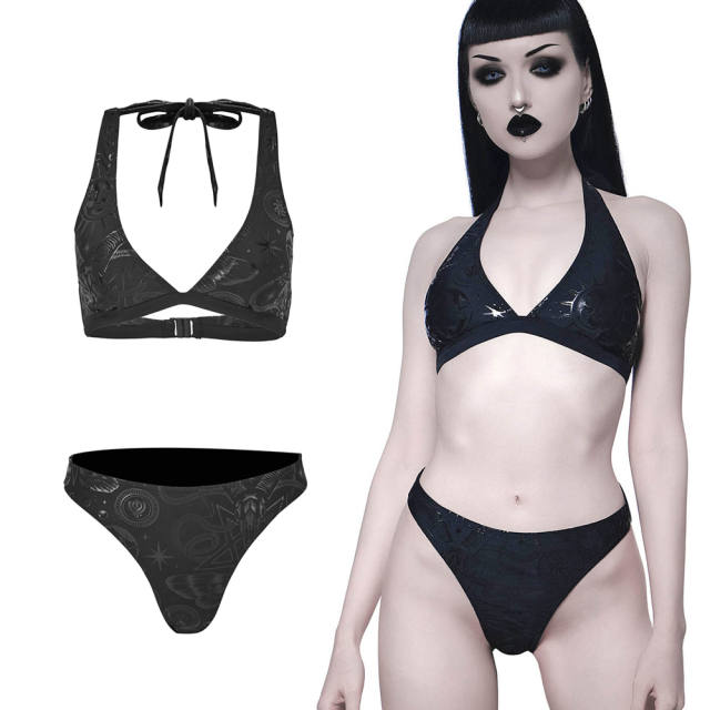 KILLSTAR Beltane Two Piece Gothic bikini with Rio panties and triangle top. Cool vinyl print with occult motives.
