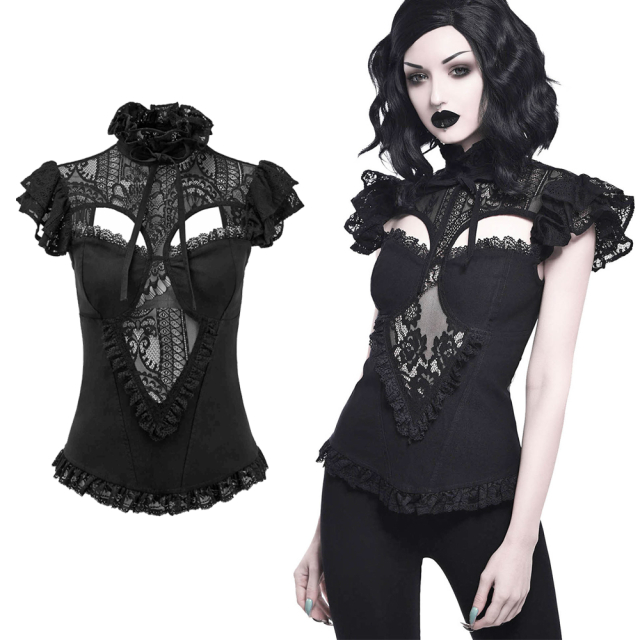 KILLSTAR Avalyn Top in sizes XS to 4XL - Romantic gothic top with large cut-outs, delicate lace, stand-up collar and wing sleeves
