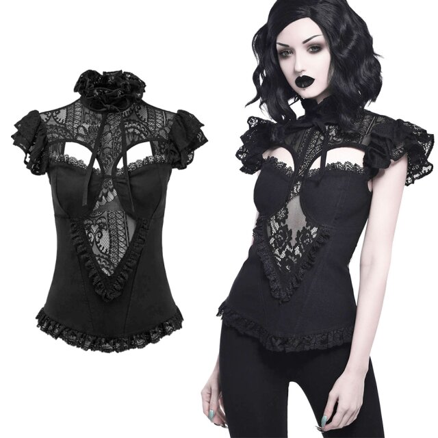 KILLSTAR Avalyn Top in den Größen XS bis 4XL - Romantisches Gothic-Top mit großen Cut-Outs, zarter Spitze, Stehkragen und Flügelärmelchen