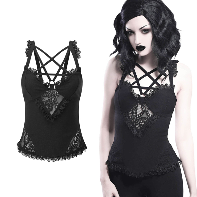 KILLSTAR Lydia Harness Top lightweight strappy top with pentagram detail on the neckline and exciting frills and lace inserts