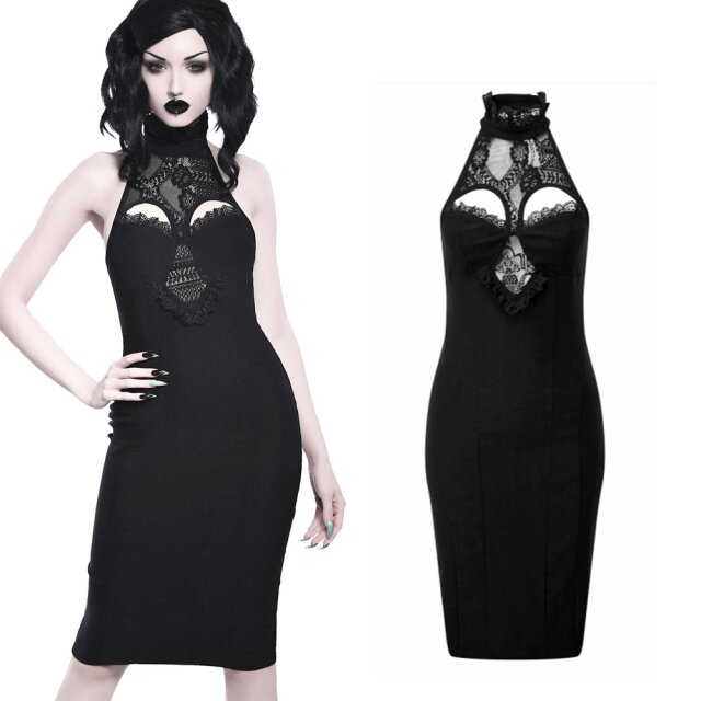 KILLSTAR Lavina Halter Dress, pencil dress with halterneck. Skintight cut with romantic lace details.
