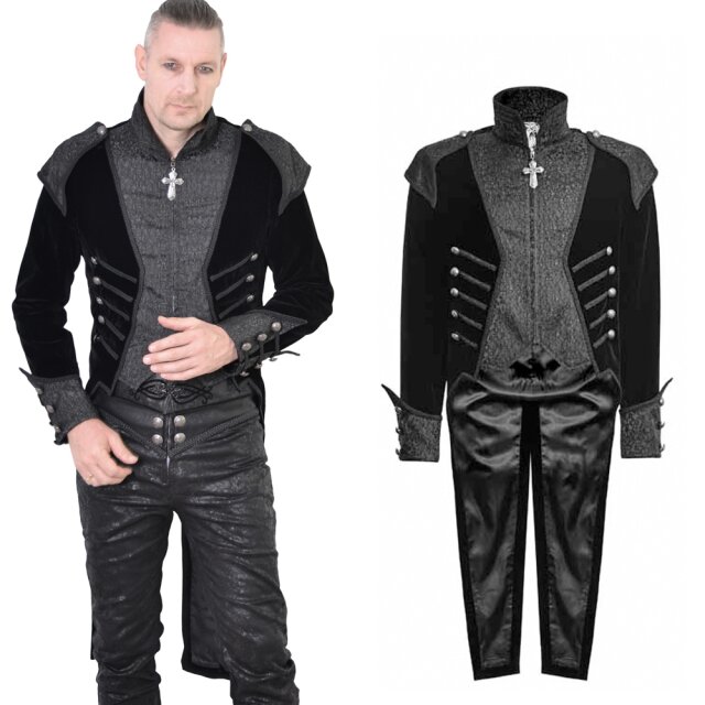 PUNK RAVE schwarzer Samtfrack Y-649 im Uniform-Look mit bestickten Schulterstücken.