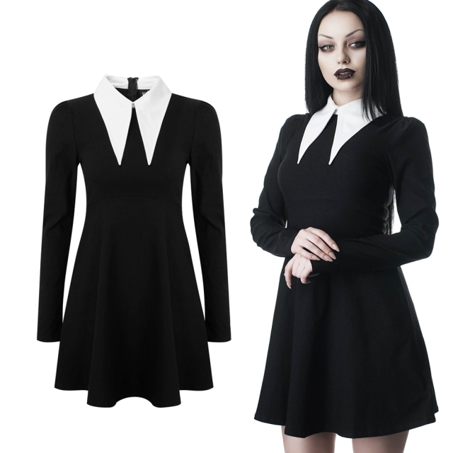KILLSTAR Cathedral Skater Dress, long sleeve mini dress with flared skirt and flashy white collar