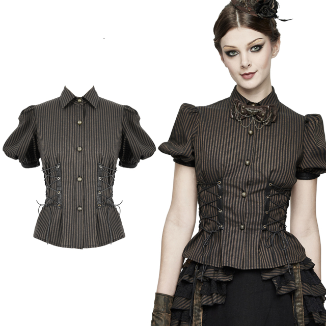 Devil Fashion Steampunk Blouse SHT043 with short puff sleeves, black-brown stripes