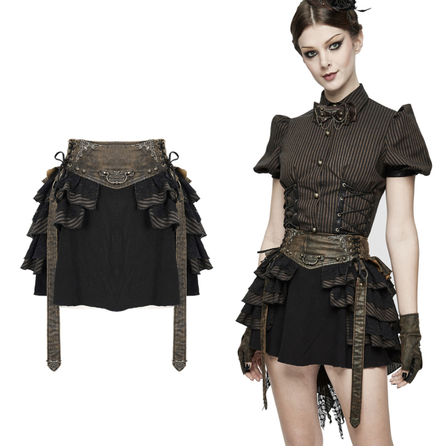 Devil Fashion Steampunk-Miniskirt SKT107 with flounces in black-brown