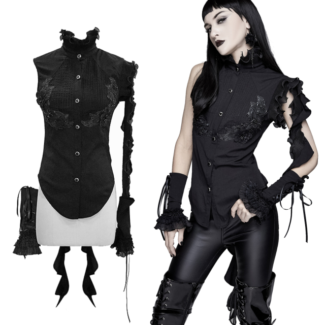 Devil Fashion Sophisticated gothic blouse SHT04001 with asymmetric sleeve design and elaborate lace with embroidery, pearls and rhinestones on the neckline