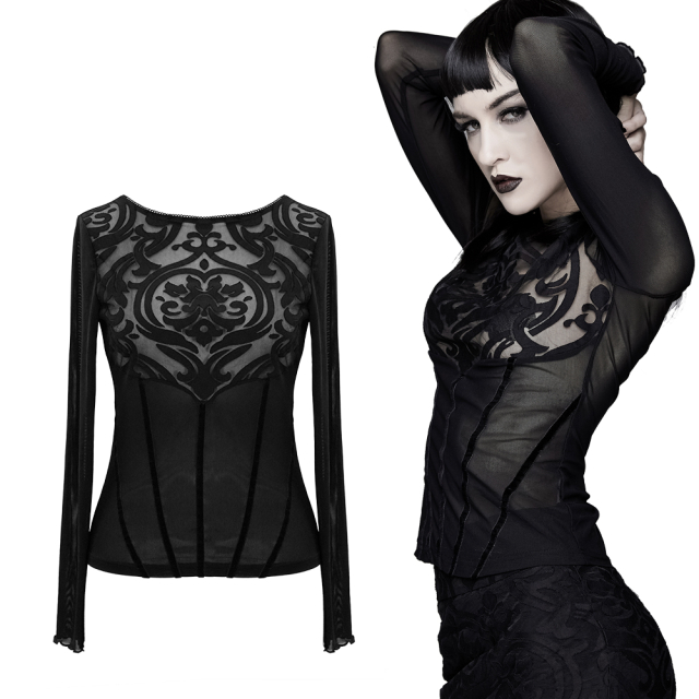 Lightweight mesh long-sleeved shirt Devil Fashion TT129 made of semi-transparent mesh with ornamental flock on the décolleté and attached velvet ribbons under the bust