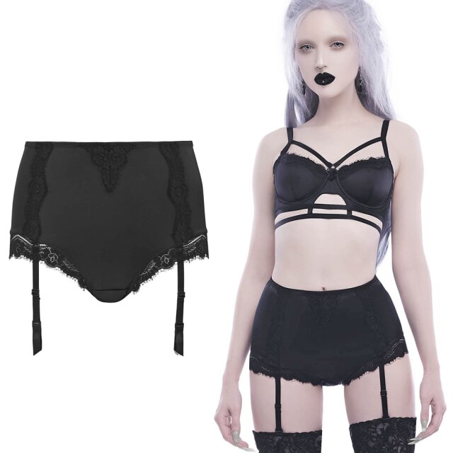 KILLSTAR Ebony Panty - Burlesker Hüftslip aus elastischem Satin mit zarter Spitze, gerafftem Popo und abnehmbaren Strumpfhaltern.