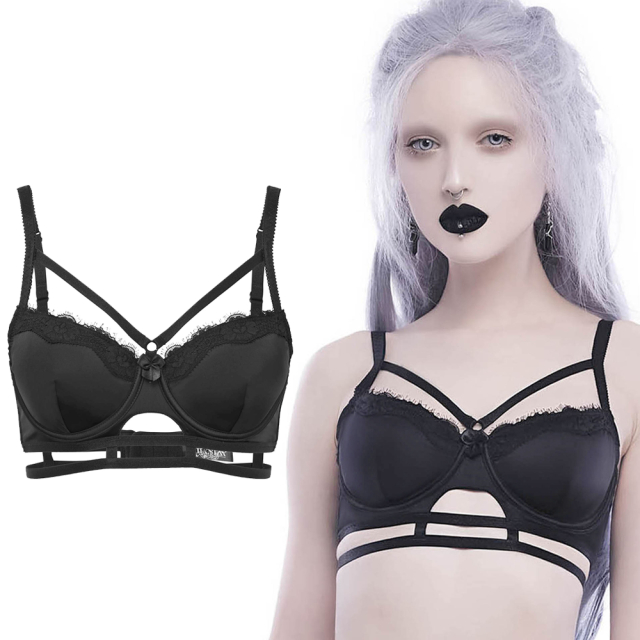 KILLSTAR Ebony Bra - Enchantingly romantic underwired bra made of elastic satin with delicate lace decoration and elastic strap accents.