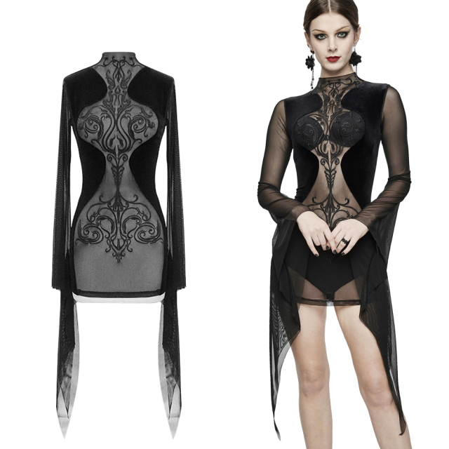 Ultra short long sleeve mini dress by Devil Fashion (SKT096) in stretch velvet with exciting mesh insert with elegant embroidery on the front