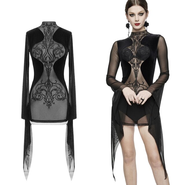 Ultrakurzes Langarm-Minikleid von Devil Fashion (SKT096) aus Stretch-Samt mit aufregendem Mesh-Einsatz mit eleganter Stickerei vorne