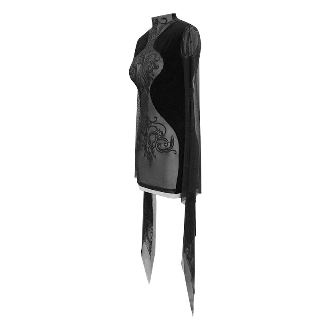Samtkleid Hysteria mit Mesh-Einsatz und Stickerei (XS-S)