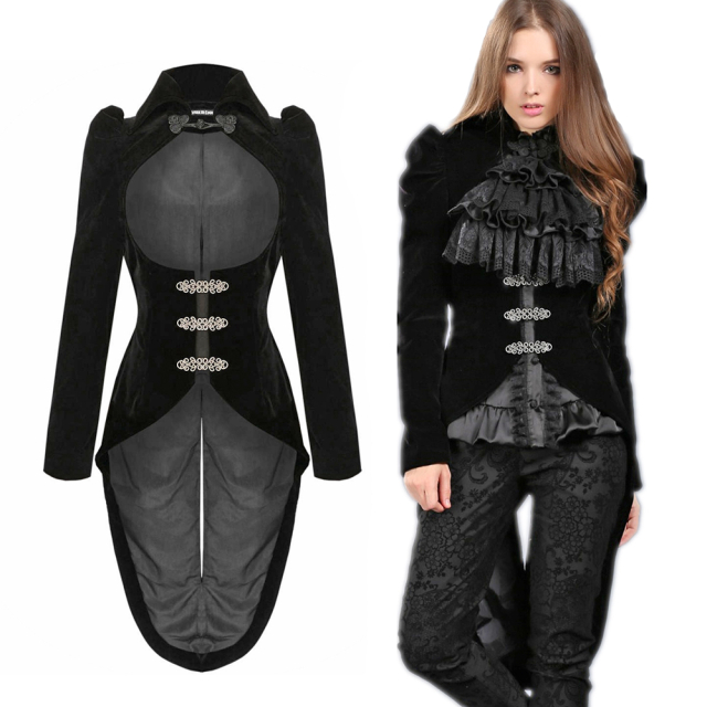 Waisted ladies black tailcoat by Dark in Love (JW048) made of velvet with large neckline, puff sleeves and high collar