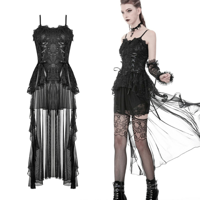Leichtes, schwarzes Gothic-Korsagenkleid mit Schwlbenschwanz von Dark in Love (DW382) mit Vokuhila-Rockteil aus Chiffon und reich verzierter Spitze am Oberteil