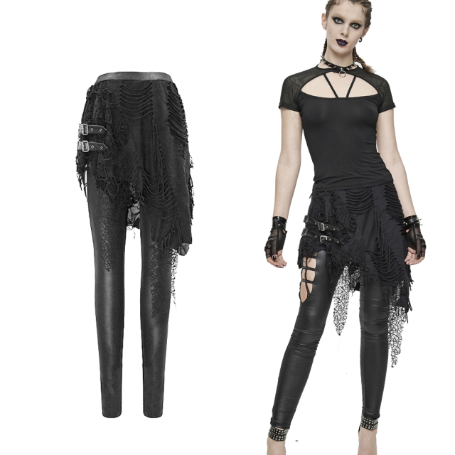Devil Fashion Wetlook-Leggings (PT108) mit einem punkigen, angesetzten Fransen-Rock in asymmetrischem Schnitt aus Netz- und Fetzen-Material im Gothic-Look
