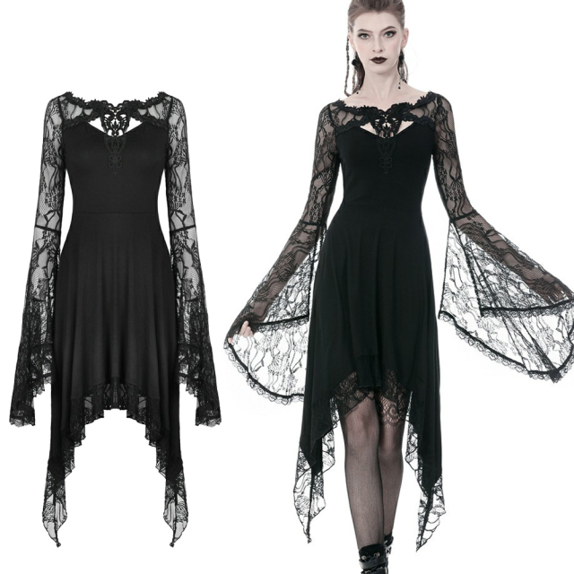 Romantisches Dark in Love (DW342) Gothic-Kleid aus leichtem Jersey mit großem Spitzenornament auf dem Dekolleté, Volant-Ärmeln aus Spitze sowie einem Rock mit zwei seitlichen, langen Fransen
