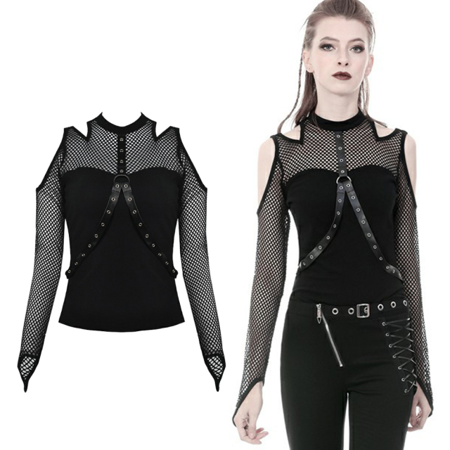SchwarzeS Dark in Love Punk Langarm-Shirt (TW254) mit Dekolleté und Ärmeln aus grobem Netz mit großen Cut-Outs auf den Schultern sowie Kunstleder-Riemen vorne.