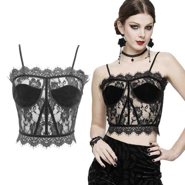 Devil Fashion short gothic strap top (CST005) made of fine, transparent lace with integrated cups and lacing at the back.