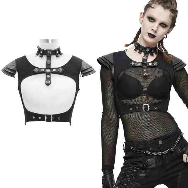 Kurze brustfreie Devil Fashion Denim-Weste (WT041) mit Kunstleder-Flügelärmeln, Riemen auf dem Dekolleté und abnehmbarem Halsband