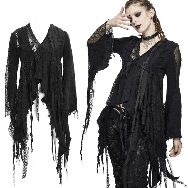 Devil fashion long sleeve shirt (TT149)  in a sweet A-line in a wild ragged look with long fringes made of different materials from lace, to net and embroidered denim to fine chiffon.
