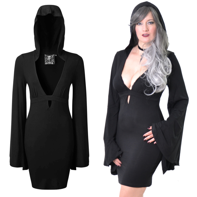 KILLSTAR Deity Hood Dress - Jersey gothic mini dress with large hood, overlong flared sleeves and a very low neckline