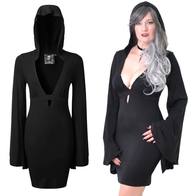 KILLSTAR Deity Hood Dress - Gothic-Minikleid aus Jersey mit großer Kapuze, überlangen ausgestellten Ärmeln und einem sehr tiefen Ausschnitt