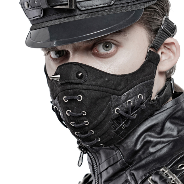 PUNK RAVE - Martialisch wirkende Gothic- / Bikermaske (WS-370BK) aus festem Velours im Leder-Look mit Schnürungen und Killernieten am Nasenrücken