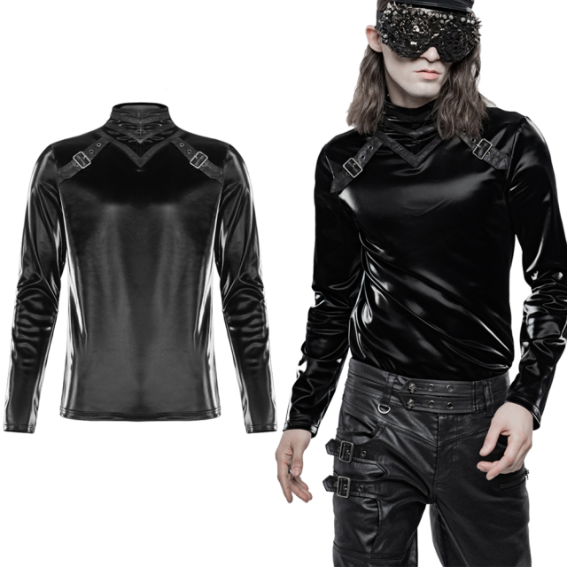 Super-elastic PUNK RAVE long sleeve (WT-642TCM) with stand-up collar made of a silky-matt shiny high-tech material and futuristic leatherette gadgets.