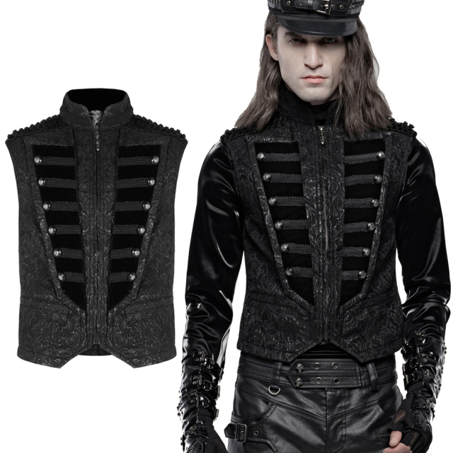 Short PUNK RAVE Jacquard waistcoat (WY-1238BK) with brocade pattern in elegant uniform style with large lapel, borders and decorative buttons.