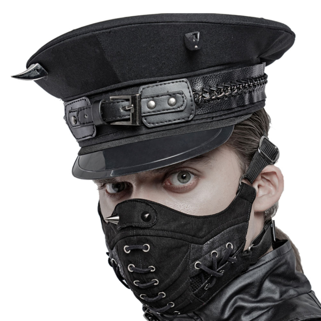 PUNK RAVE uniform peaked cap (WS-390BK) made of matt black fabric with silver-coloured demon horns and imitation leather straps with a striking buckle.