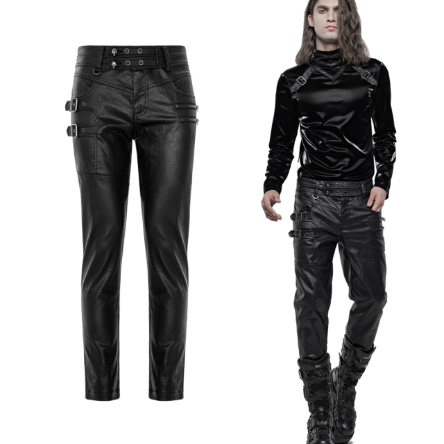 PUNK RAVE trousers (WK-433BK)  in leather look with asymmetrically attached straps and buckles and D-ring on the belt loop