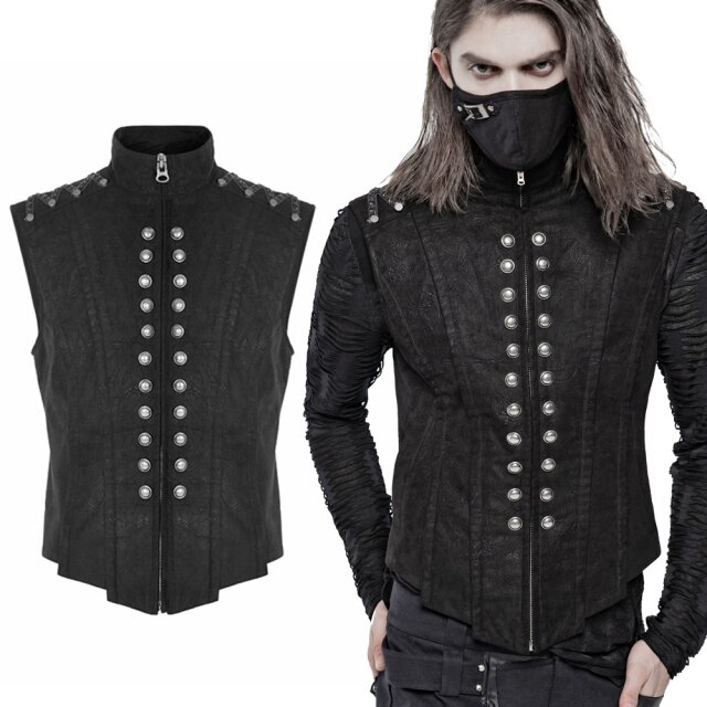 High closed PUNK RAVE waistcoat (WY-1242BK) made of heavy velour in nubuck look with double rowed decorative buttons in uniform style.