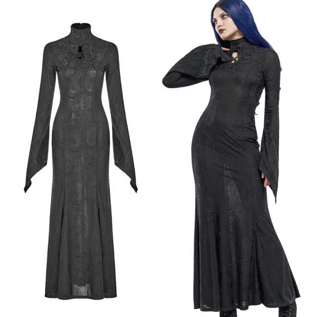 Floor-length PUNK RAVE long-sleeved dress (WQ-477) in a discreet mermaid line with large lace ornament on the décolleté and lacing at the back
