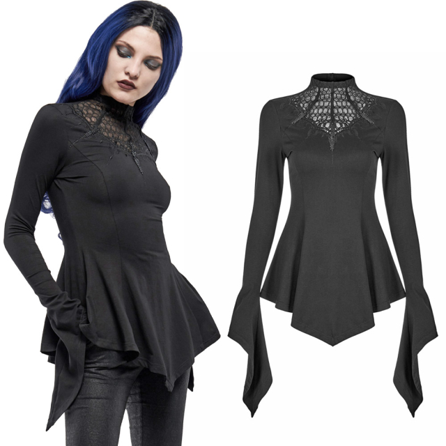 PUNK RAVE long-sleeved shirt (WT-621-PR) in waisted princess line with elaborate lace insert on the neckline and stand-up collar.