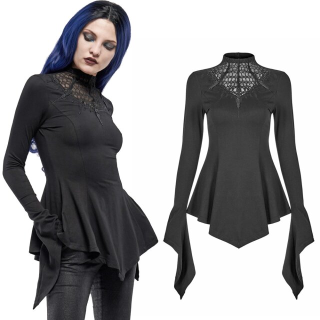 PUNK RAVE Langarm-Shirt (WT-621-PR) in taillierter Prinzess-Linie mit aufwendigem Spitzen-Einsatz auf dem Dekolleté und am Stehkragen.
