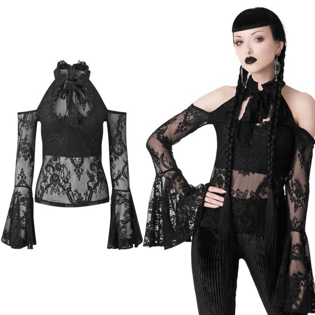 KILLSTAR Cyrena Lace Top - Shirt aus elastischer Spitze mit Cut-Outs an den Schultern, süßem Stehkragen mit großer Schleife und Trompetenärmeln