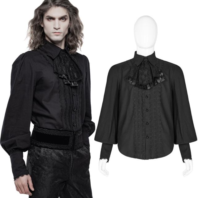 Straight cut black PUNK RAVE ruffled shirt WY-1246BK in Victorian style with removable plastron / jabot with lace trimmed pin-tucks, wide sleeves and cuffs.