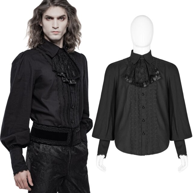 Gerade geschnittenes schwarzes PUNK RAVE Rüschenhemd WY-1246BK im viktorianischen Stil mit abnehmbarem Plastron / Jabot mit Spitzen-besetzten Bisen, weiten Ärmeln und breiten Manschetten.