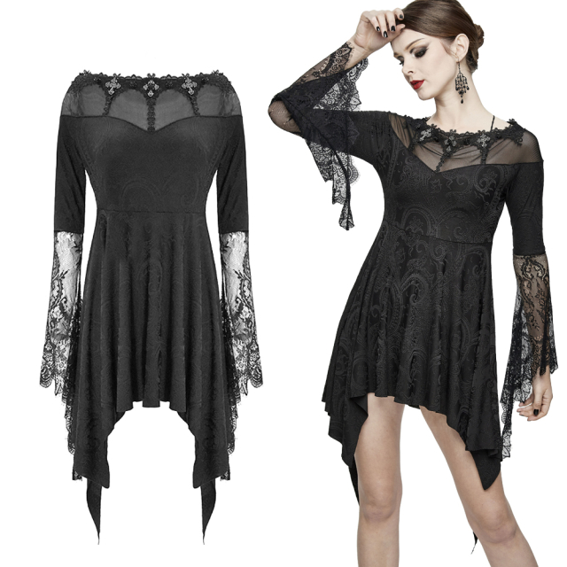 Light Eva Lady mini dress (ESKT029) with attached fringed skirt, trumpet sleeves made of lace and a neckline trimmed with crosses, roses and lace trim