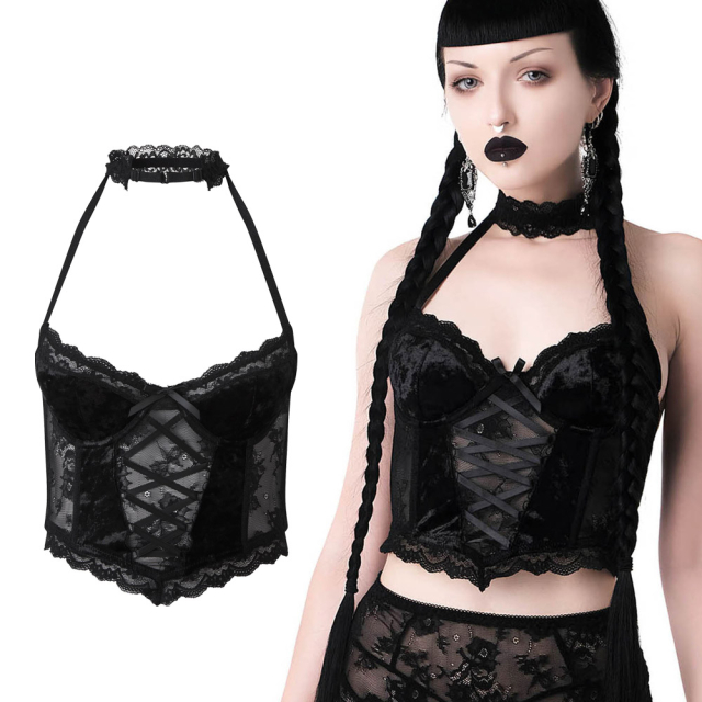 KILLSTAR Cardinal Sins Bralet - Romantic halterneck bustier top in velvet and lace with decorative lacing, underwired cups, dark romantic lace collar and forming bones.
