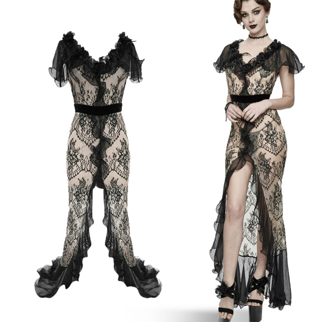 Eva Lady Long, transparent lace dress (ESKT025) in the look of the twenties with wavy chiffon flounce at the hem and the high slit. Stola collar decorated with rose blossoms and feathers.