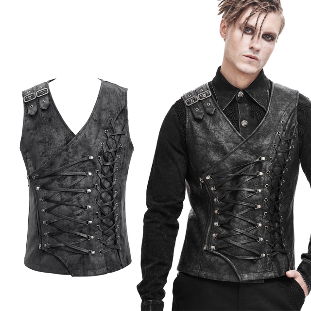 Fancy Devil Fashion LARP waistcoat (WT047) made of imitation leather in used look with asymmetric lacings in the front