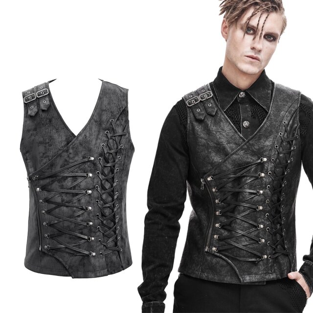Ausgefallene Devil Fashion LARP-Weste (WT047) aus Kunstleder im Used Look mit asymmetrischen Schnürungen vorne