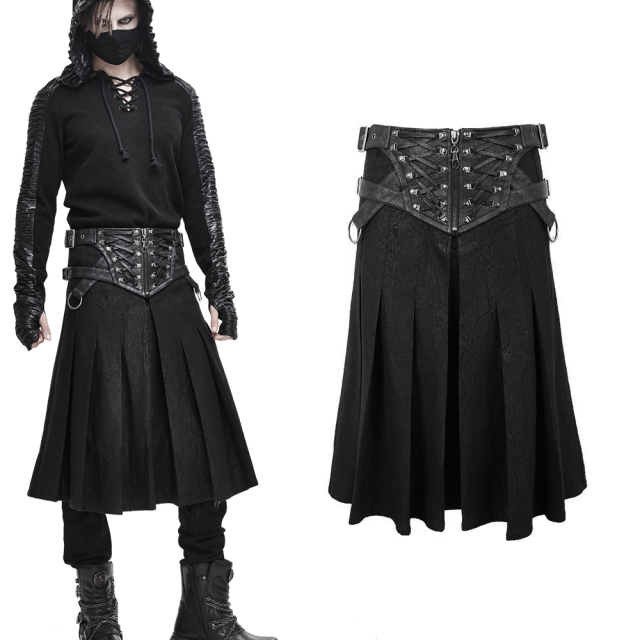 Klassisch geschnittener Devil Fashion Kilt (SKT108) aus schwarzem Filzmaterial in Woll-Optik mit breitem Kunstlederbund verziert mit Riemen und Schnallen