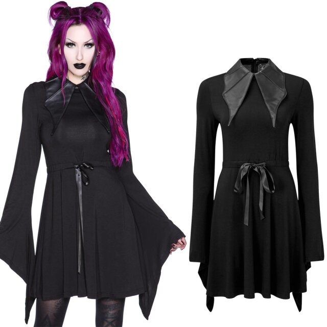 KILLSTAR Im Bats Collar Dress - Long sleeve mini dress in light jersey with slightly flared skirt and striking bat collar in soft imitation leather.