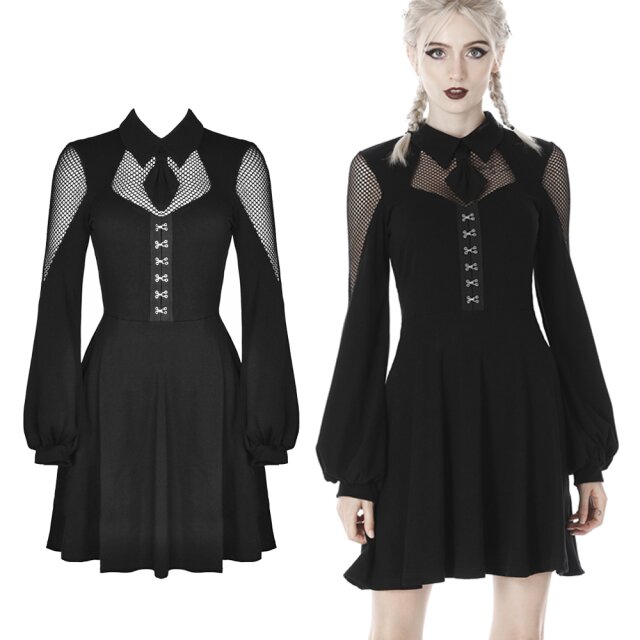 Hochgeschlossenes Dark in Love Minikleid (DW396) mit ausgestelltem Rock, Netzeinsätzen an Oberarmen und Dekolleté sowie  Plastron. Vorne mit Zierhäkchen.