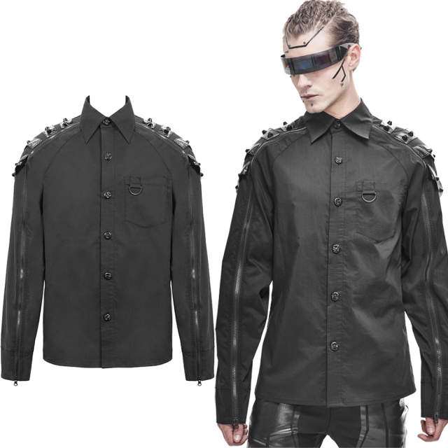 Cool Devil Fashion long sleeve shirt (SHT047) with vinyl straps with rivets on the shoulders and long zips on the sleeves