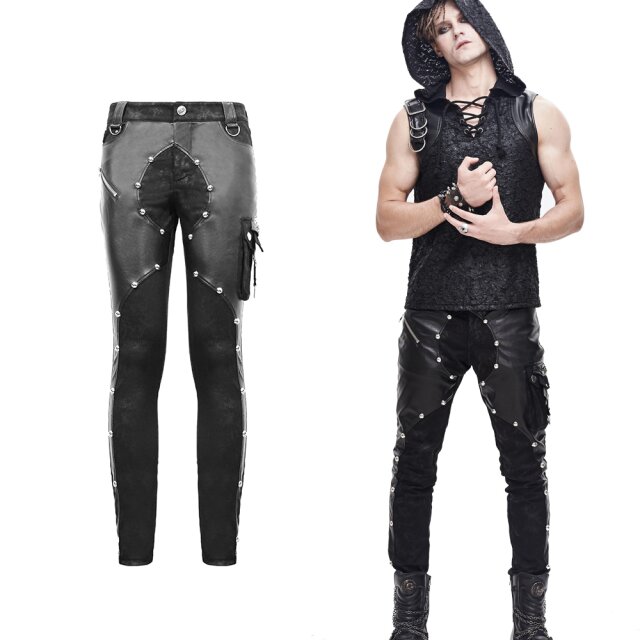 Devil Fashion Postapokalypse-Stretchjeans (PT115) mit Nieten-verzierten Kunstleder-Besätzen vorne und auffällig gestalteter Cargo-Tasche