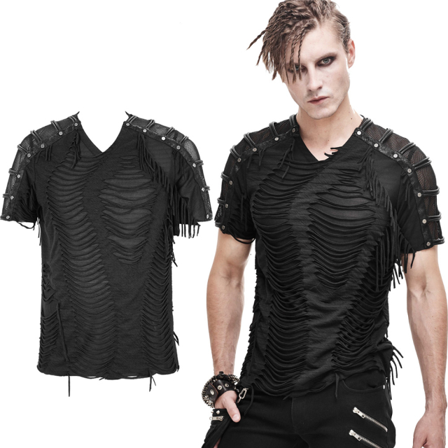 Devil Fashion Kurzarm-Shirt (TT138) aus zerfetzten Jersey und Schulterstücken aus Netz mit aufgenieteten Kordeln im Look von Cyberlox