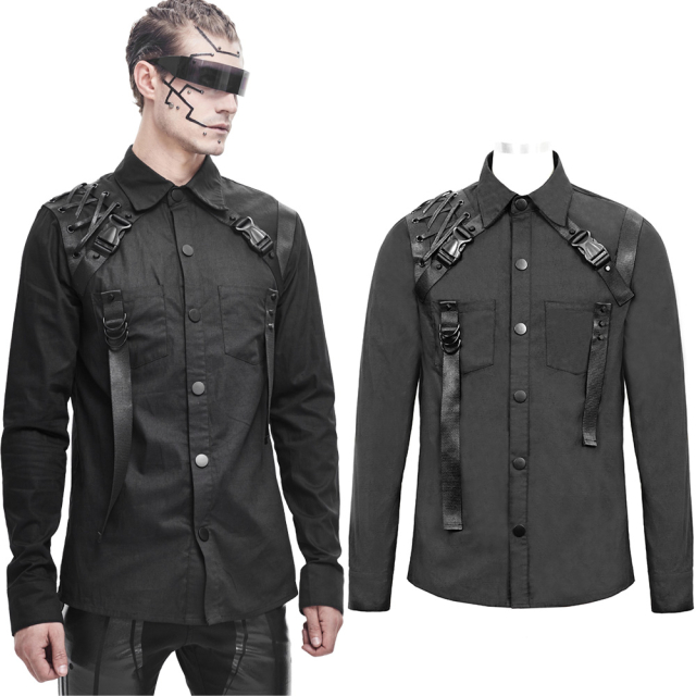 Devil Fashion long-sleeved shirt (SHT045) with futuristic cyber elements made of ribbons, D-rings, rivets as well as decorative buckle closures.